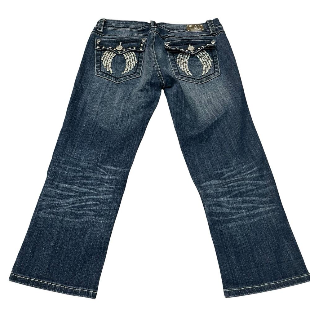 Y2K LA Idol Capri Jeans 9 Rhinestone Studs Embroidered Bling Straight Low Rise